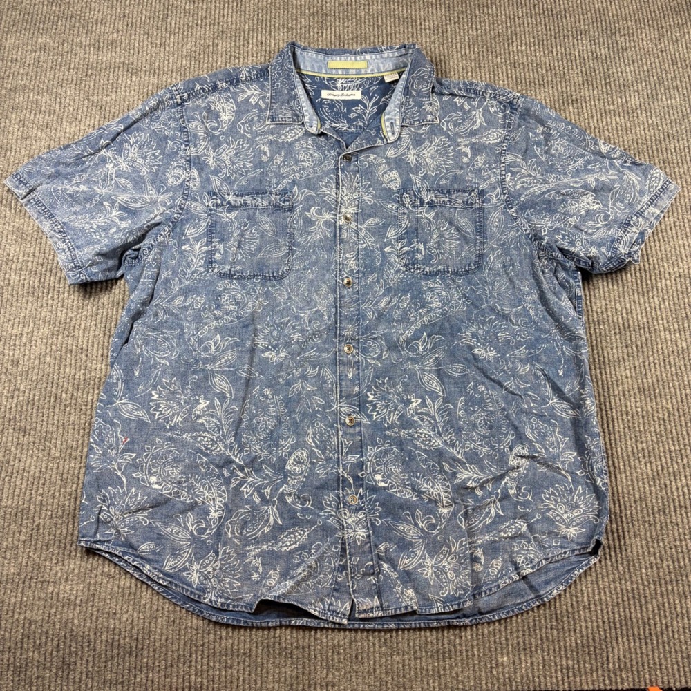 Tommy Bahama Shirt Men's XXL Blue Floral Paisley Short Sleeve Button Down